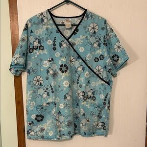 Disney Eeyore Floral Blue Scrub Top Size Large